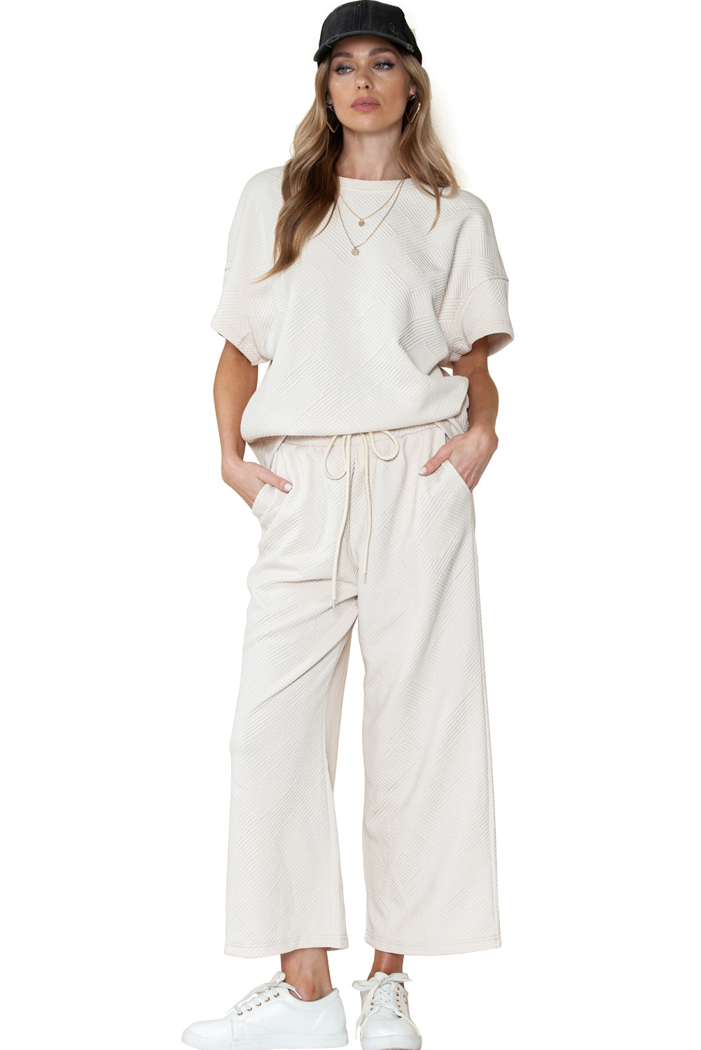 Gray Textured Loose Fit T Shirt & Drawstring Pants Set