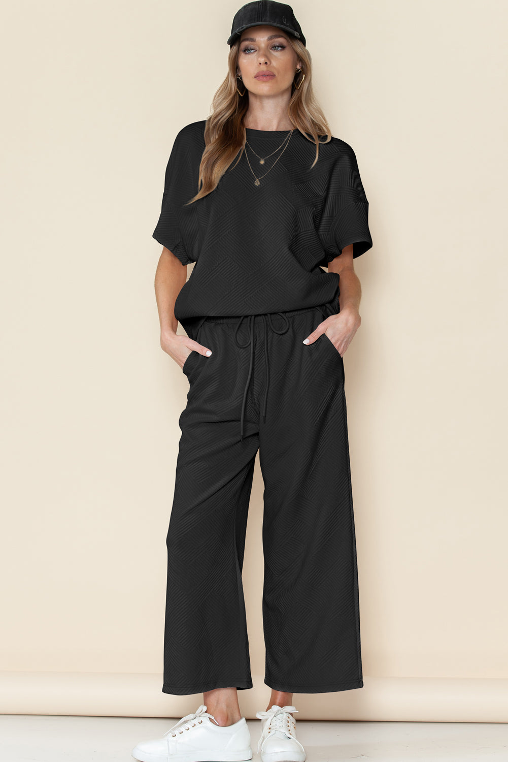 Gray Textured Loose Fit T Shirt & Drawstring Pants Set