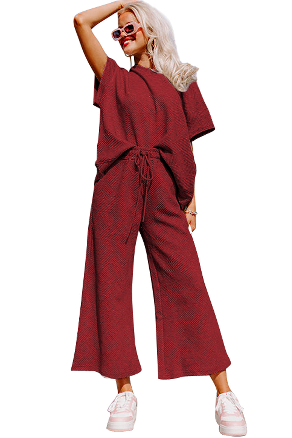 Gray Textured Loose Fit T Shirt & Drawstring Pants Set