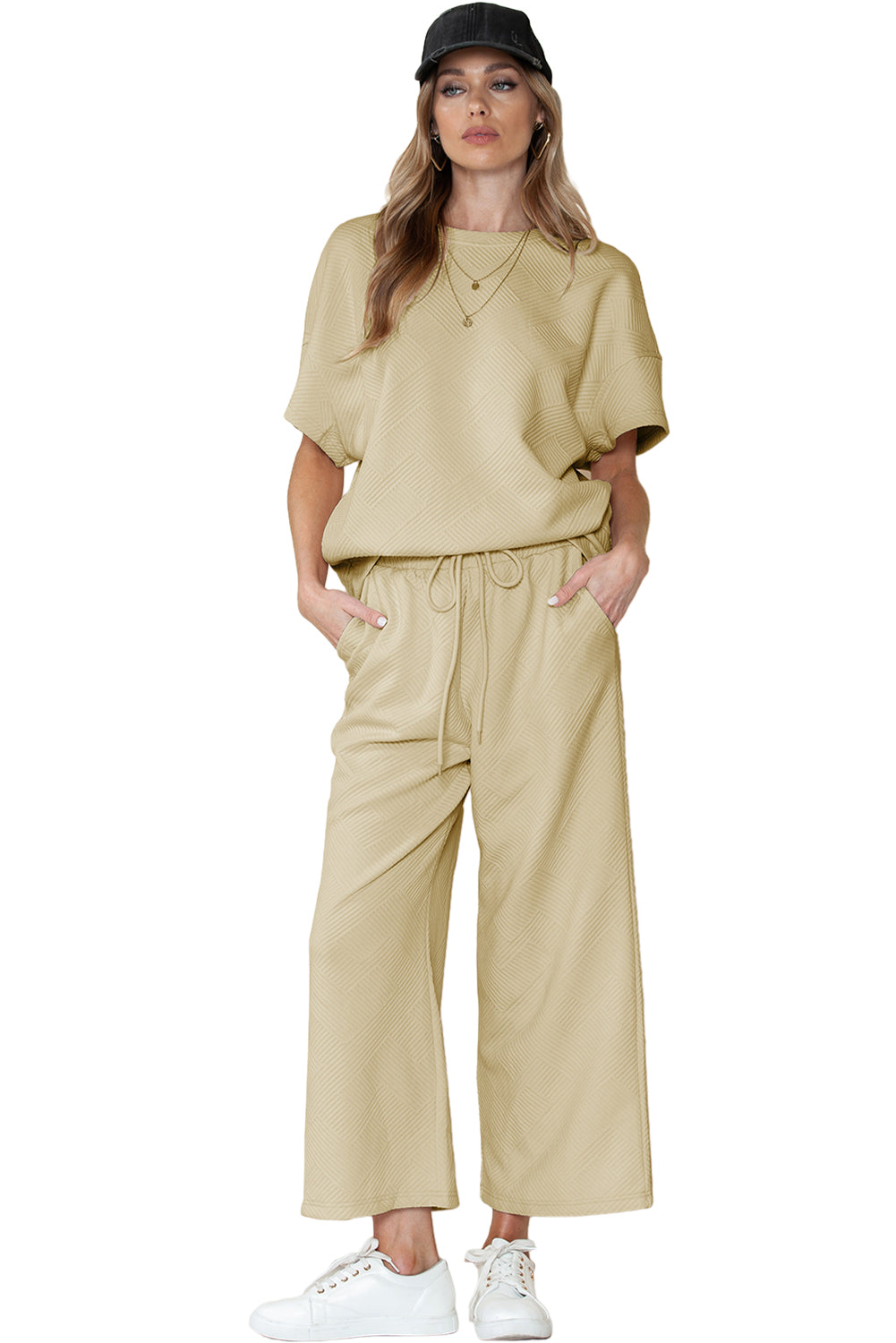 Gray Textured Loose Fit T Shirt & Drawstring Pants Set