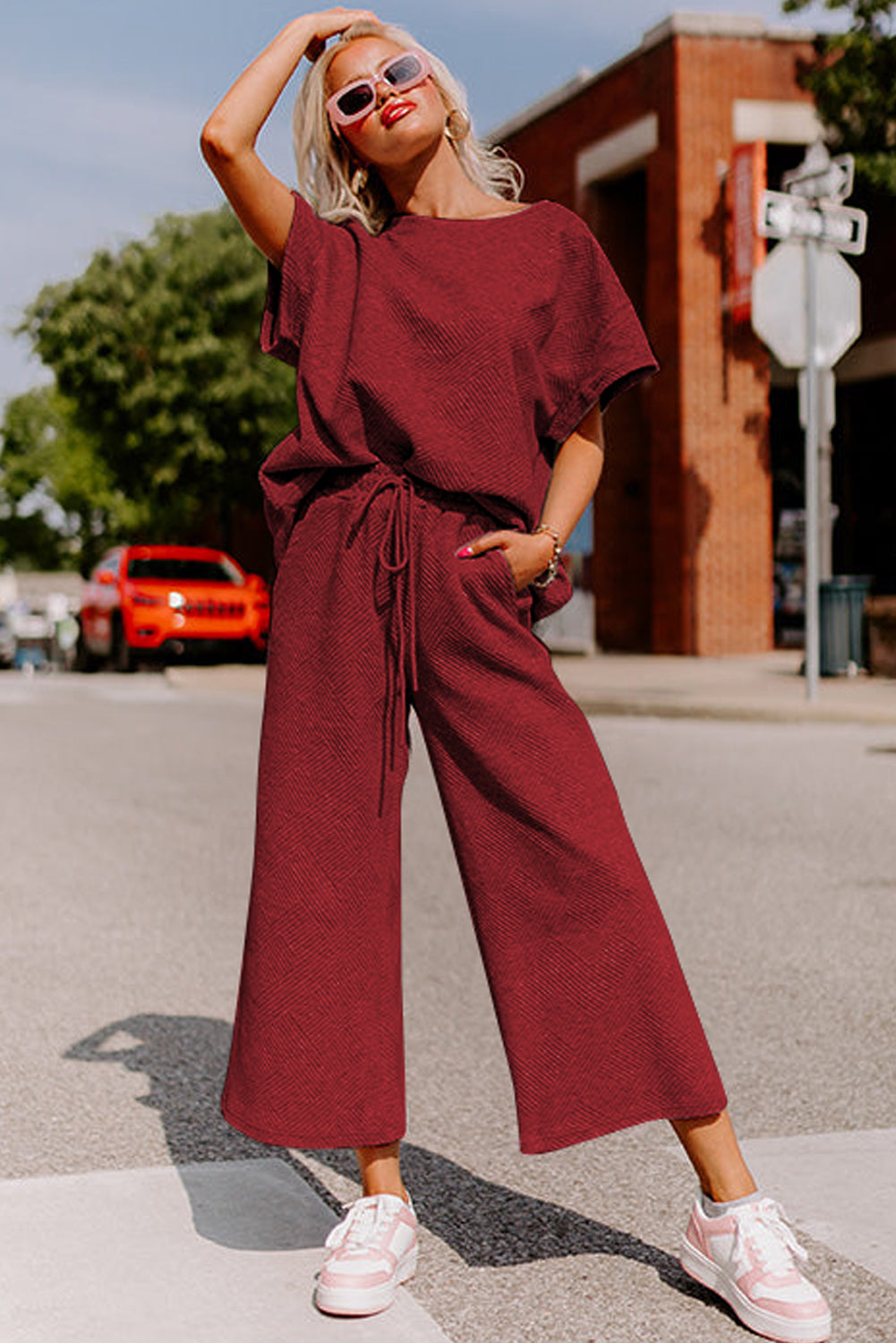 Gray Textured Loose Fit T Shirt & Drawstring Pants Set