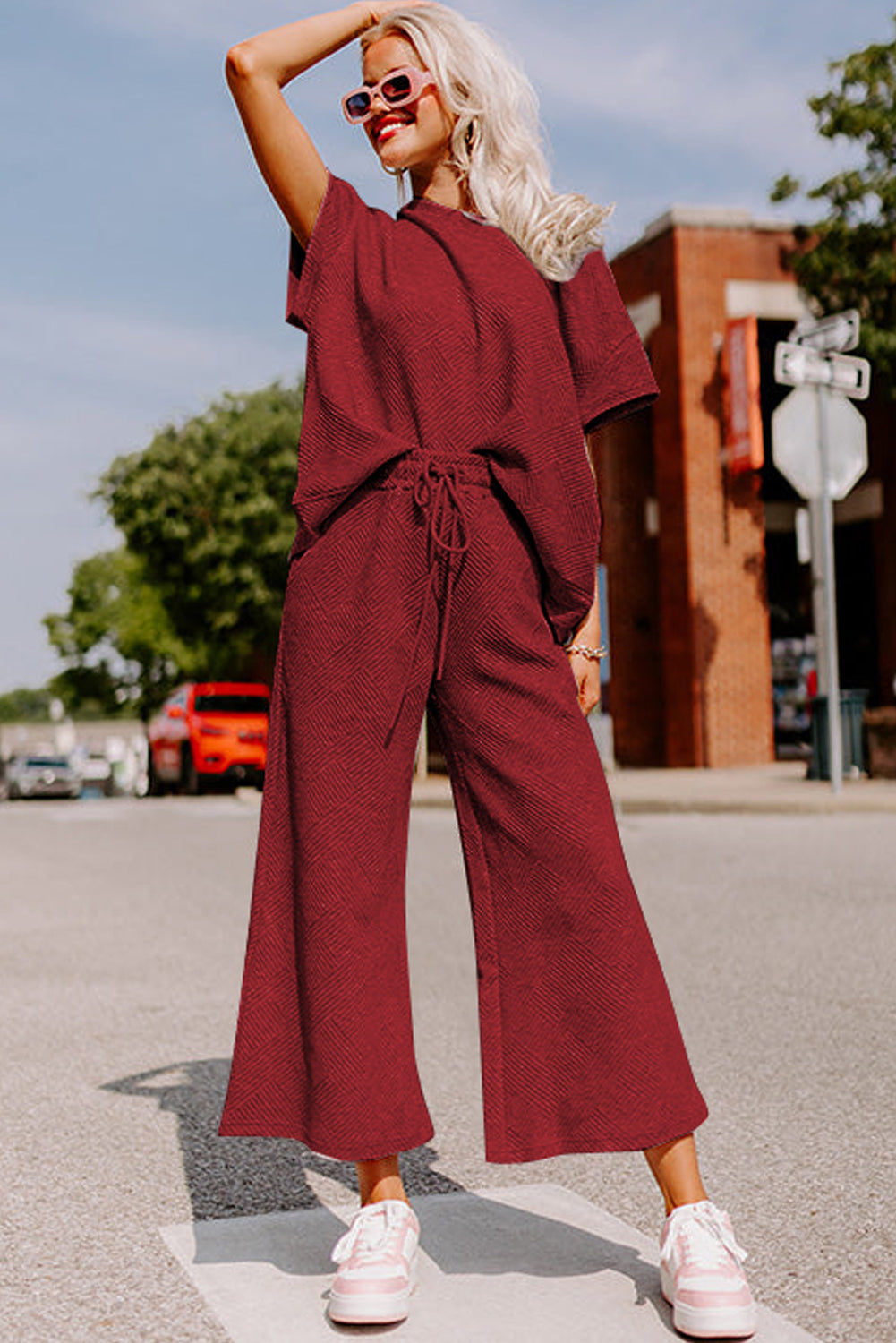 Gray Textured Loose Fit T Shirt & Drawstring Pants Set