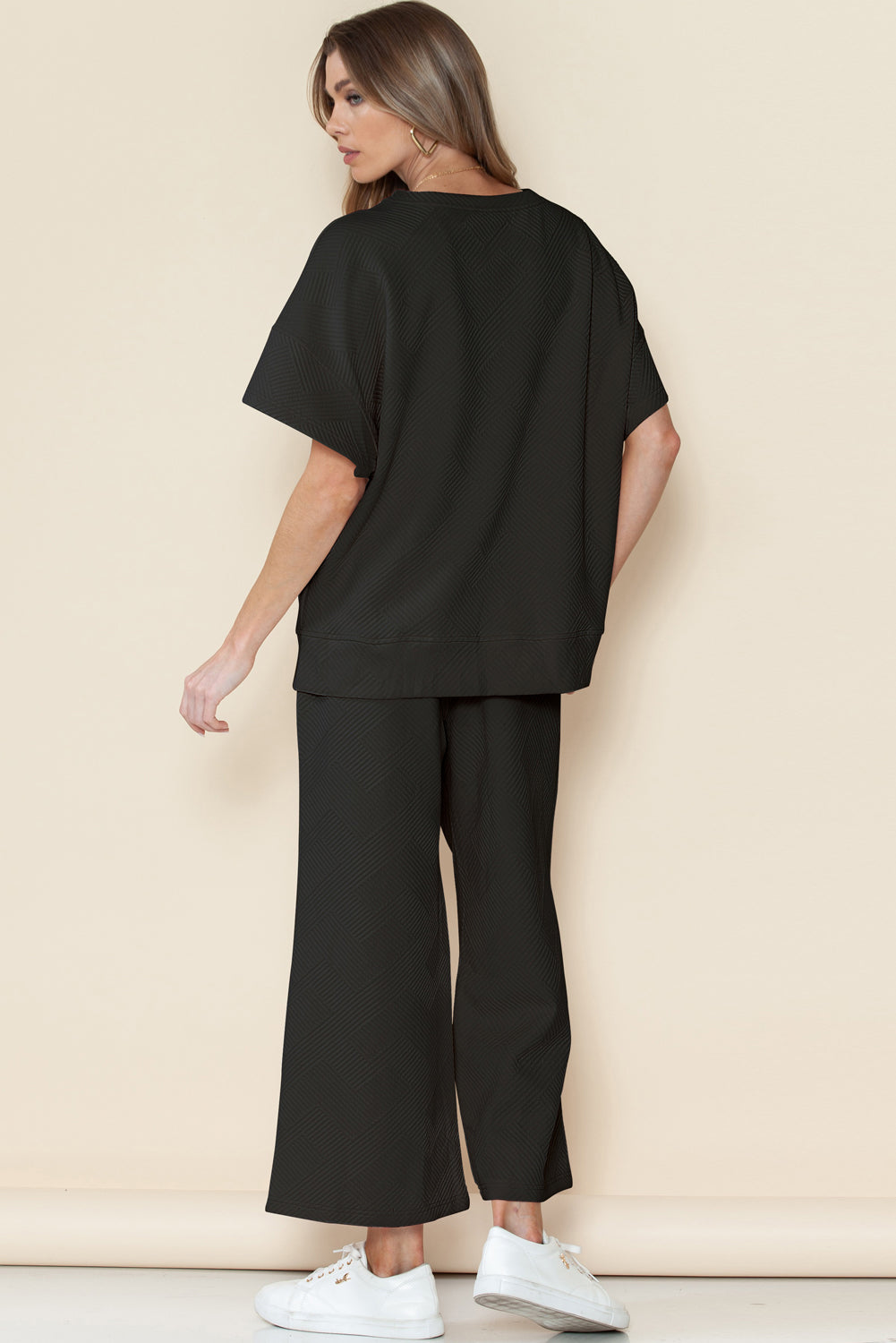 Gray Textured Loose Fit T Shirt & Drawstring Pants Set