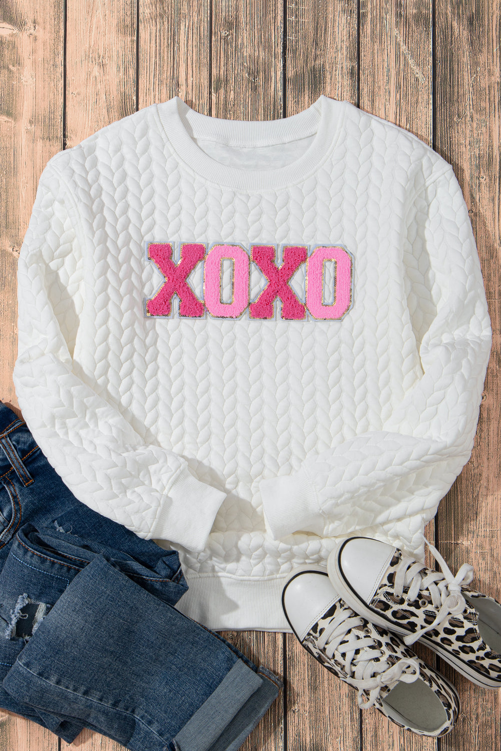 White Quilted Valentine Love Heart Shape Graphic Sweatshirt