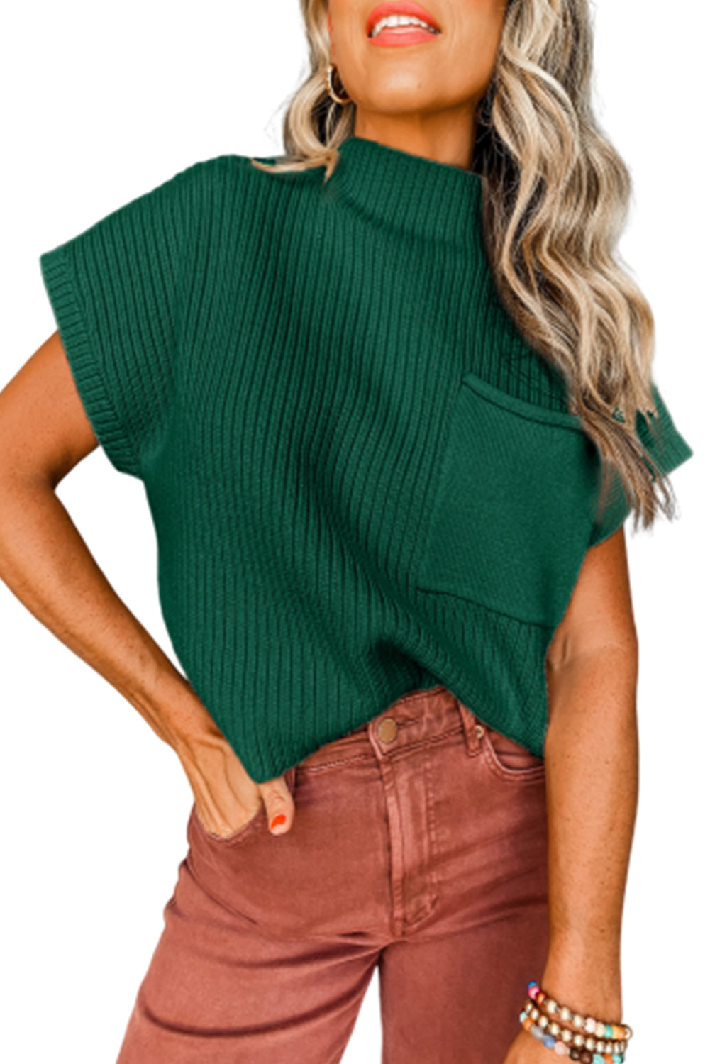 Pre-Order Green Patch Pocket Ribbed Knit Short Sleeve Sweater ESD 11/8/23
