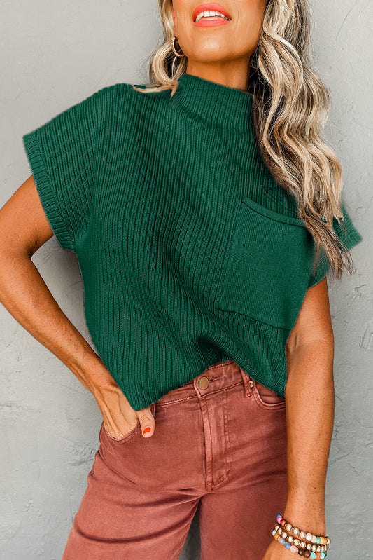 Pre-Order Green Patch Pocket Ribbed Knit Short Sleeve Sweater ESD 11/8/23