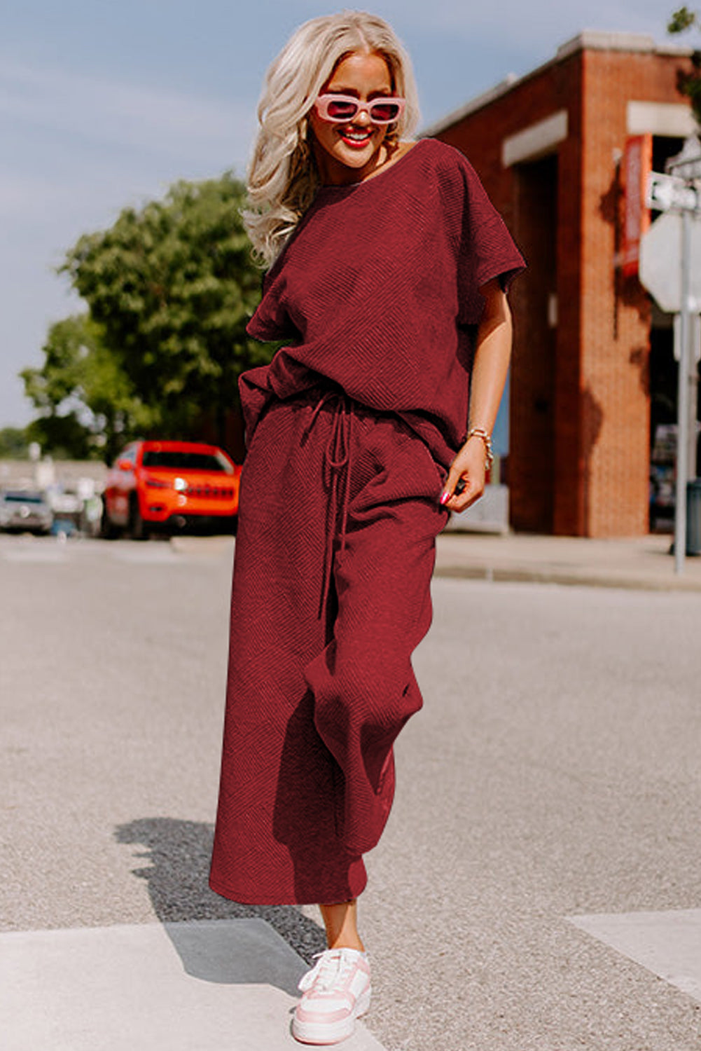 Gray Textured Loose Fit T Shirt & Drawstring Pants Set
