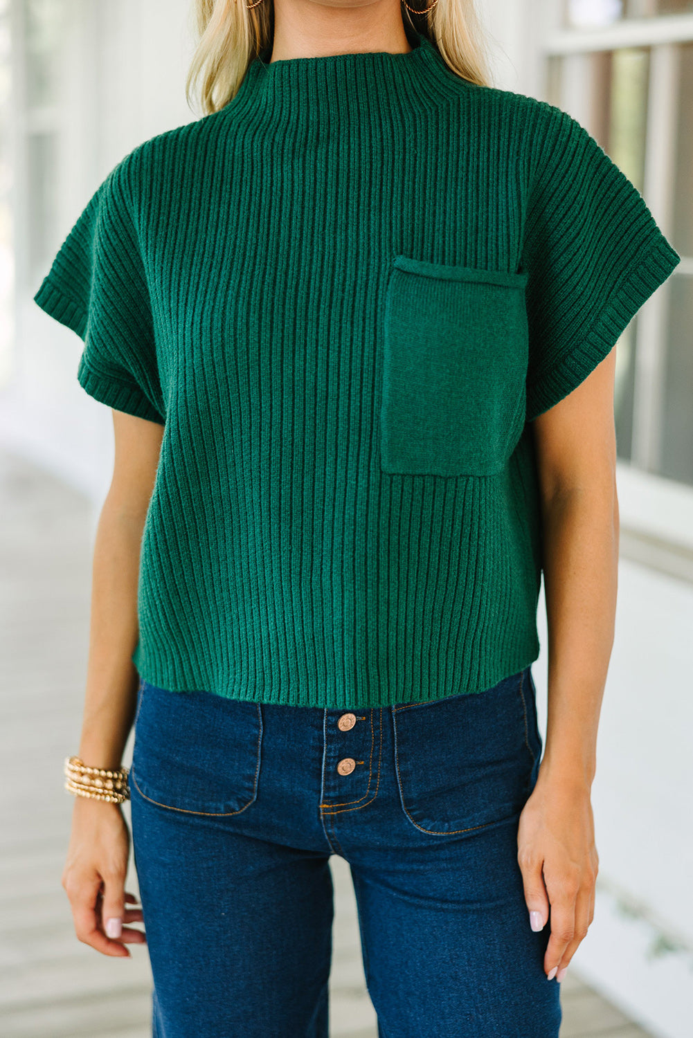 Pre-Order Green Patch Pocket Ribbed Knit Short Sleeve Sweater ESD 11/8/23