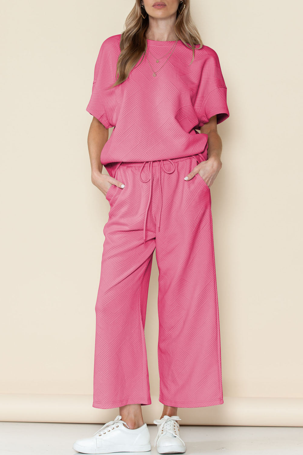 Gray Textured Loose Fit T Shirt & Drawstring Pants Set