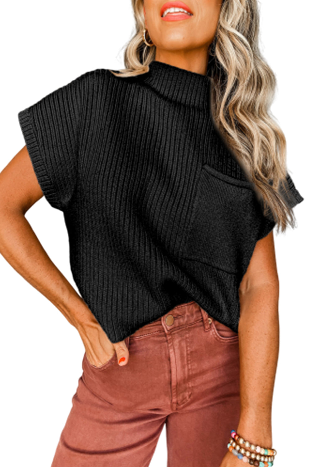 Pre-Order Green Patch Pocket Ribbed Knit Short Sleeve Sweater ESD 11/8/23