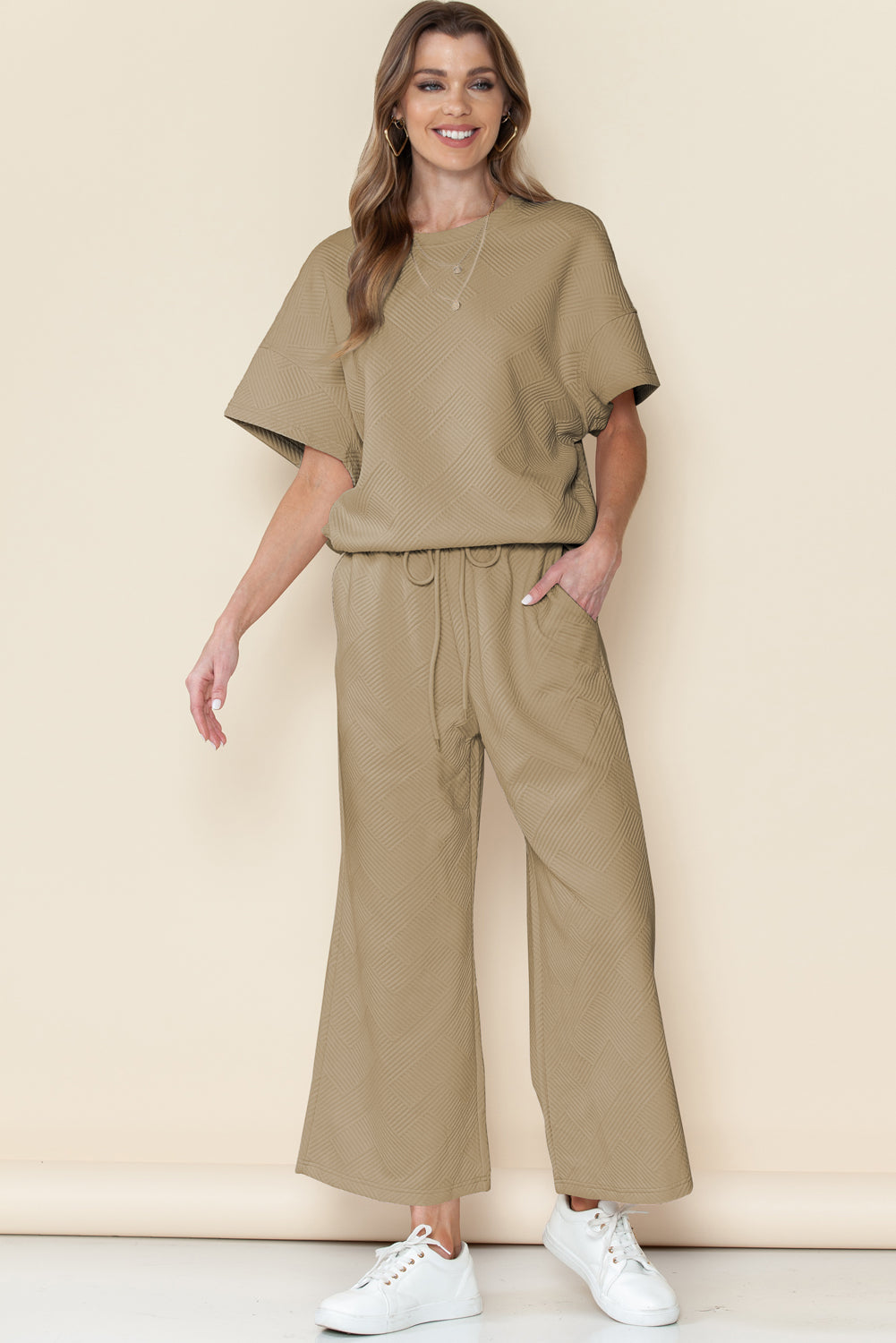 Gray Textured Loose Fit T Shirt & Drawstring Pants Set